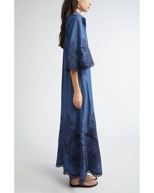 Zimmermann Blue Coco Embroidered Denim Caftan Dress