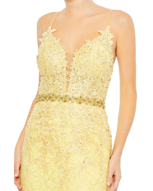 Mac Duggal Yellow Floral Appliqué Plunge Mermaid Gown