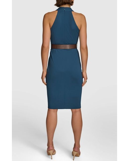 Donna Karan Blue Belted Sleeveless Midi Dress