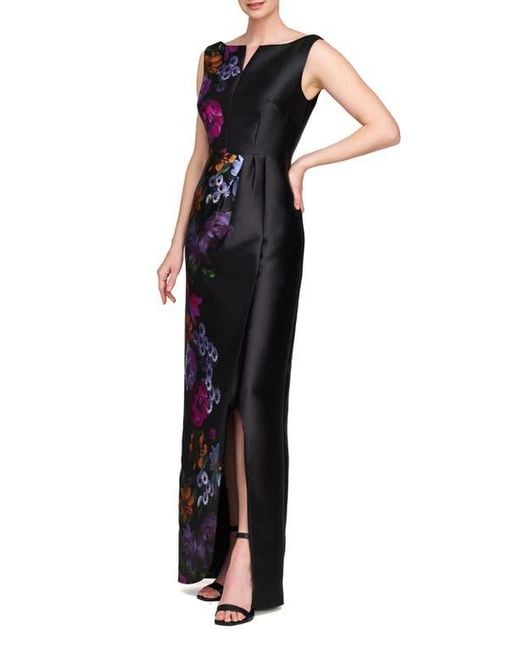 Kay Unger Blue Helene Placed Floral Print Column Gown