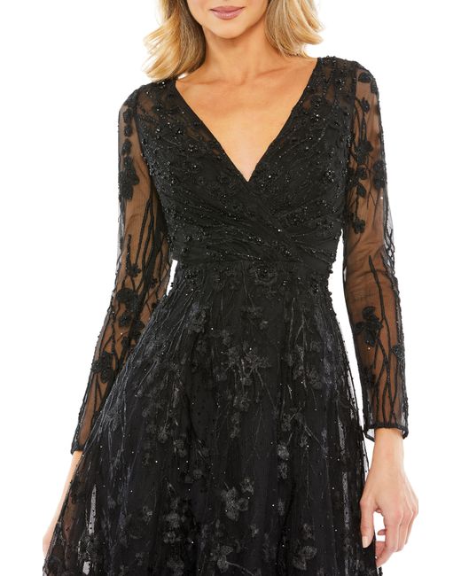 Mac Duggal Black Embellished Floral Lace Long Sleeve Fit & Flare Cocktail Dress