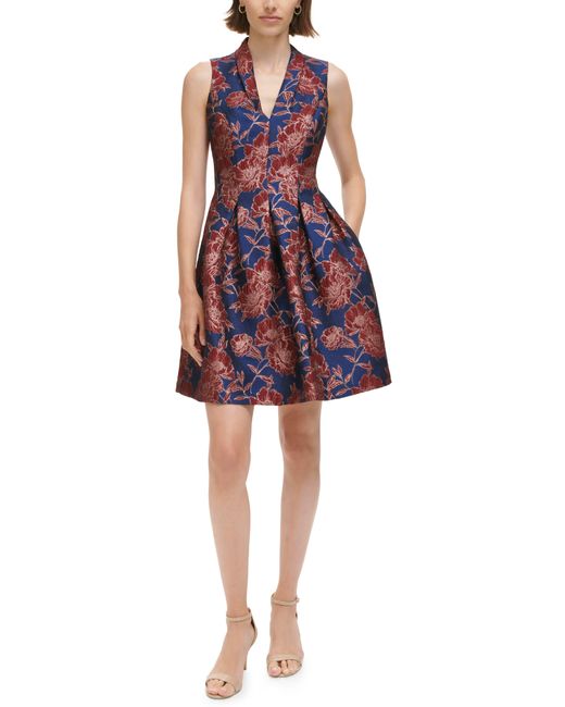 Vince Camuto Red Petite Sleeveless Floral Jacquard Dress