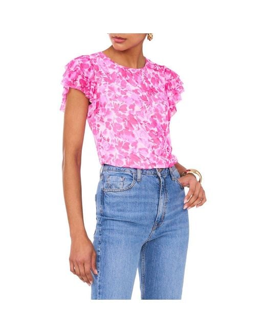 Vince Camuto Floral Ruffle Sleeve Mesh Top in Blue | Lyst