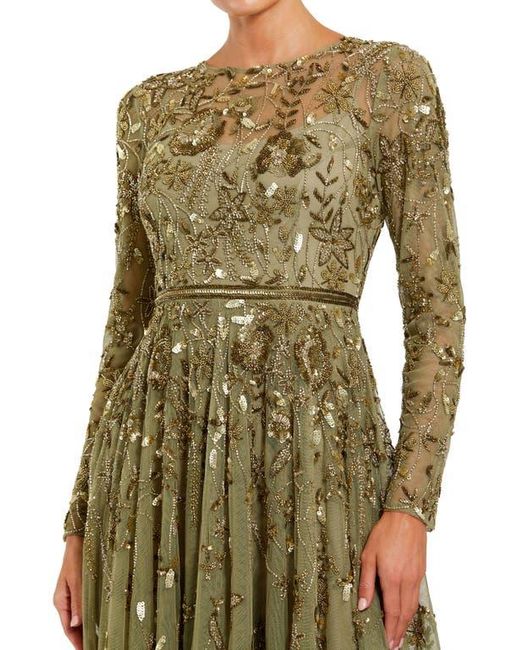 Mac Duggal Green Long Sleeve Hand Embellished Floral A-Line Gown