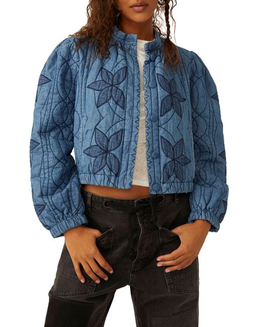 Free People Blue Quinn Quilted Cotton Denim Jacket