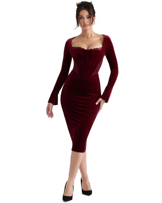 House Of Cb Red Solaine Lace Trim Long Sleeve Velvet Midi Dress