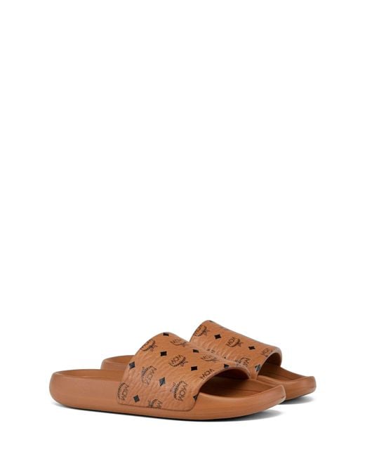 MCM Brown Monogram Print Rubber Slides