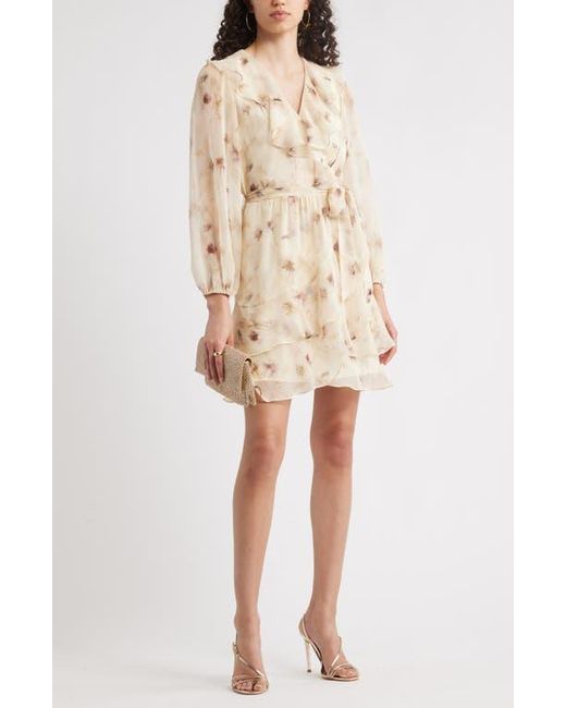 Chelsea28 Natural Floral Ruffle Trim Long Sleeve Chiffon Minidress