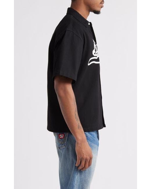 ICECREAM Black Running Dog Short Sleeve Denim Graphic Button-Up Shirt for men