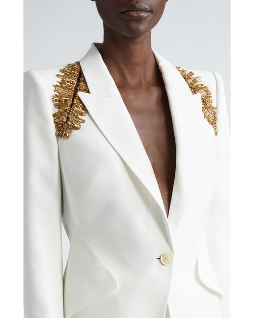 Alexander McQueen White Embellished Shoulder Cutout Blazer