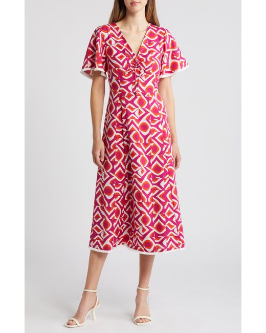 Tahari Red Geo Print Midi Dress