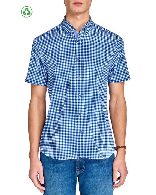 Con.struct Blue Slim Fit Mini Check Recycled 4-Way Stretch Performance Short Sleeve Shirt for men