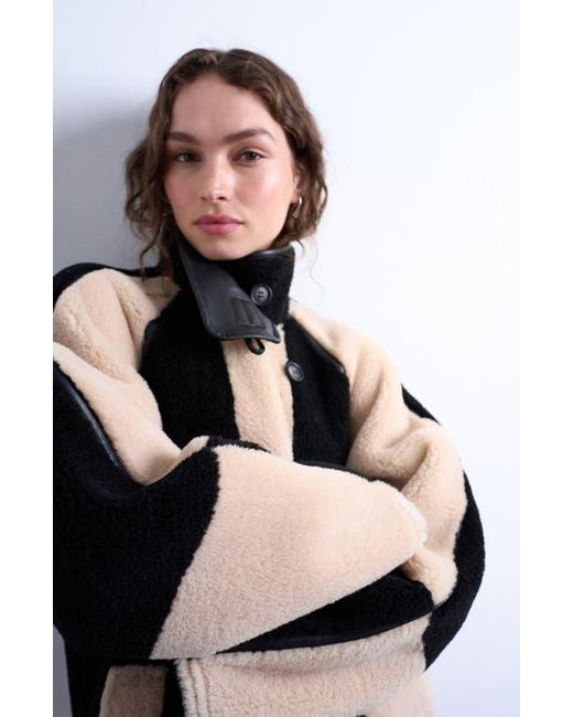 TOPSHOP Blue Patchwork Colorblock Faux Shearling Longline Coat