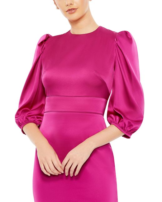 Mac Duggal Pink Puff Sleeve Satin Midi Cocktail Dress