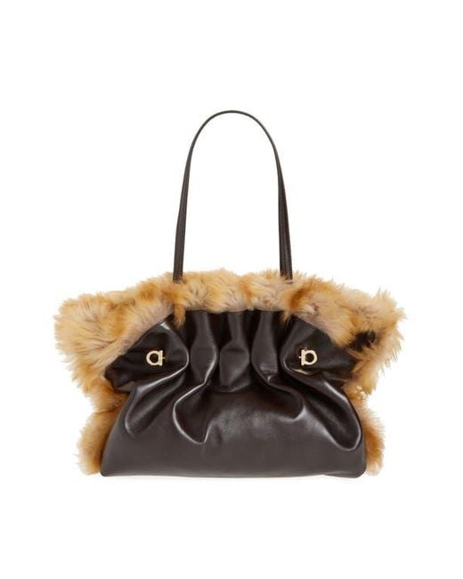 Ferragamo Black Medium Gancio Piercing Soft Leather & Genuine Shearling Shoulder Bag