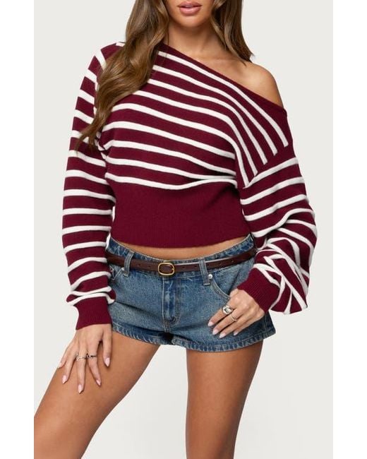 Edikted Red Mika Stripe Oversize Off The Shoulder Sweater