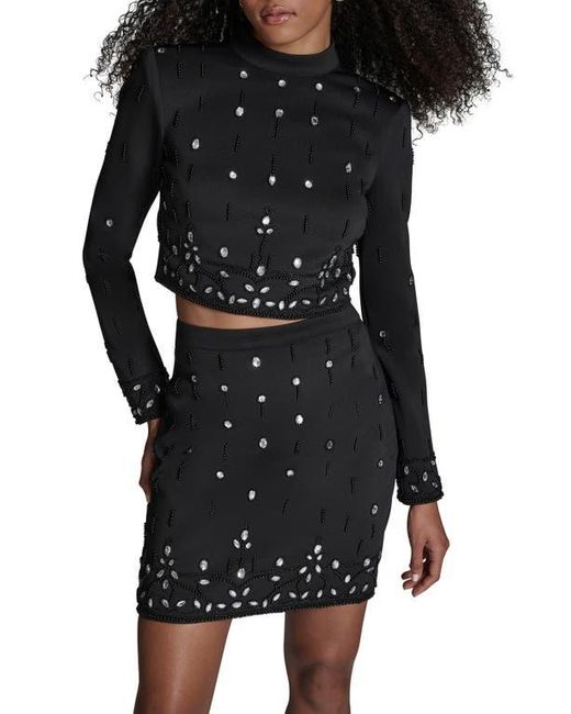 BCBGMAXAZRIA Black Crystal & Bead Detail Long Sleeve Top & Miniskirt Set