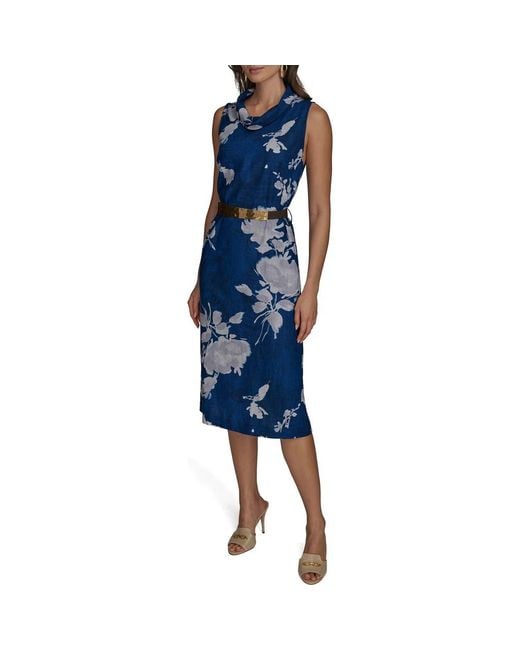 Donna Karan Women's Blue Floral Sleeveless Linen Blend Sheath Dress Donna Karan Women's Blue Floral Sleeveless Linen Blend Sheath Dress