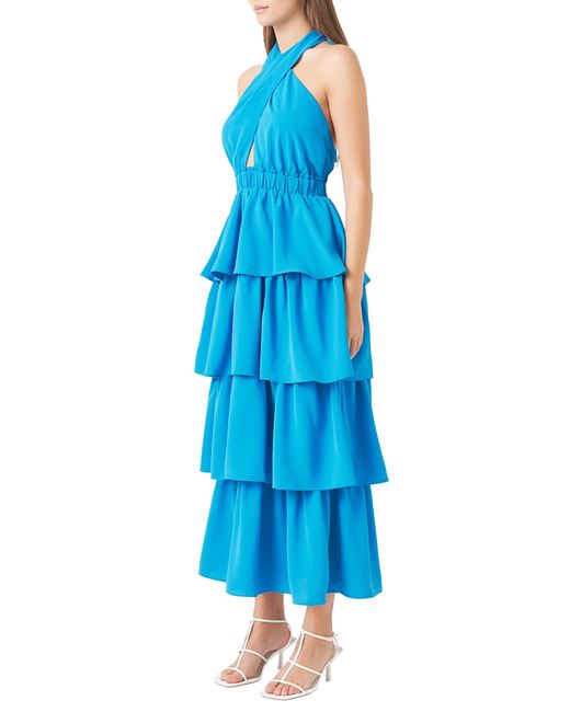 Endless Rose Blue Tiered Halter Maxi Dress