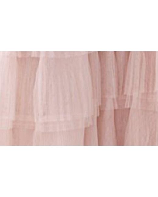 SAU LEE Pink Sabrina Plunge Neck Tiered Tulle Gown