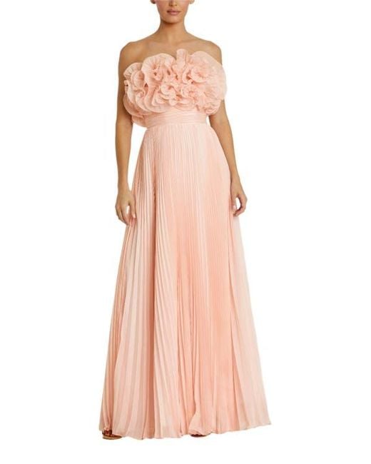 Mac Duggal Pink Pleated Chiffon Strapless Gown With Ruffles