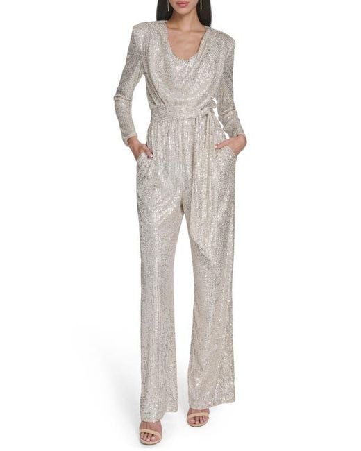 Eliza J Gray Draped Neck Long Sleeve Sequin Jumpsuit