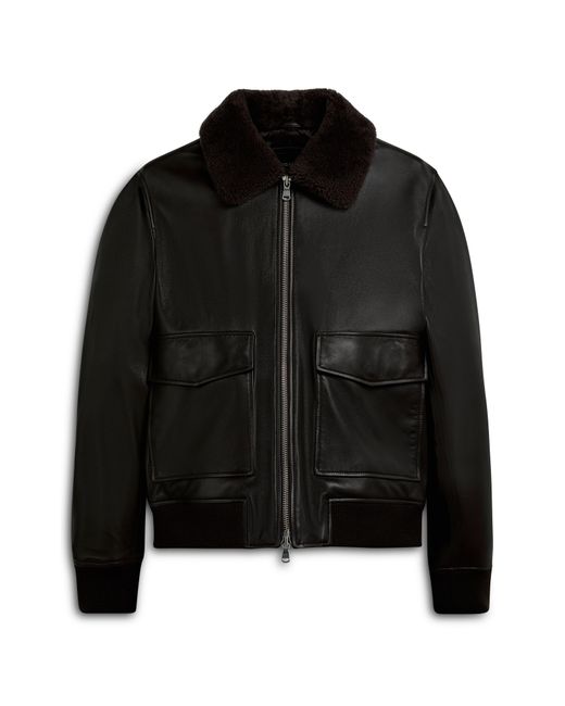Bugatchi Leather Bomber Jacket With Removable Genuine Shearling Collar ...