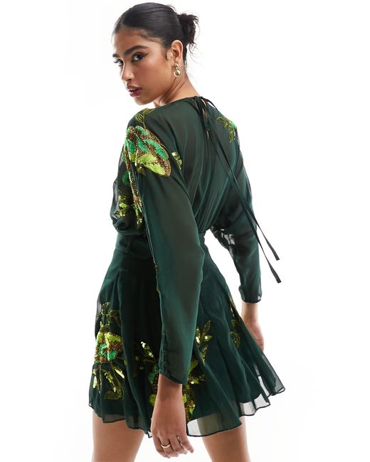 ASOS Green Sequin Embroidered Semisheer Long Sleeve Minidress