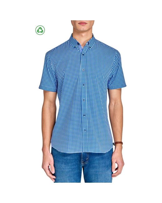 Con.struct Blue Slim Fit Mini Check Recycled 4-Way Stretch Performance Short Sleeve Shirt for men