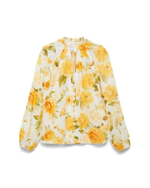 Mango Yellow Floral Tie Neck Button-Up Top