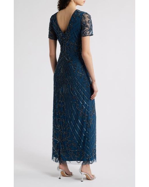 Pisarro Nights Blue Illusion Beaded Mesh Column Gown