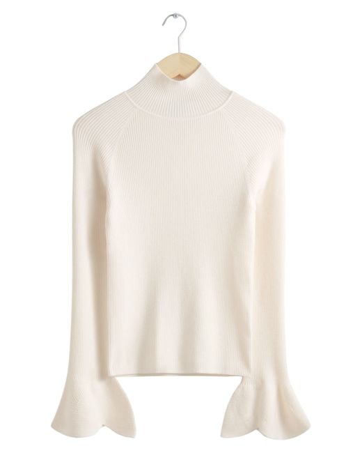 & Other Stories White & Flare Cuff Wool Blend Rib Turtleneck Sweater