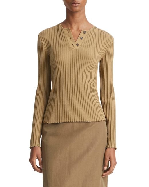 Vince Cotton Blend Rib Henley Sweater in Natural Lyst