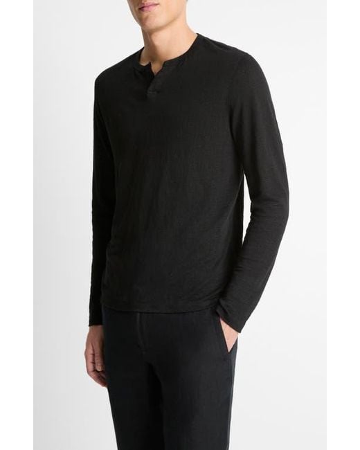 Vince Black Notch Neck Long Sleeve Slub Linen T-Shirt for men