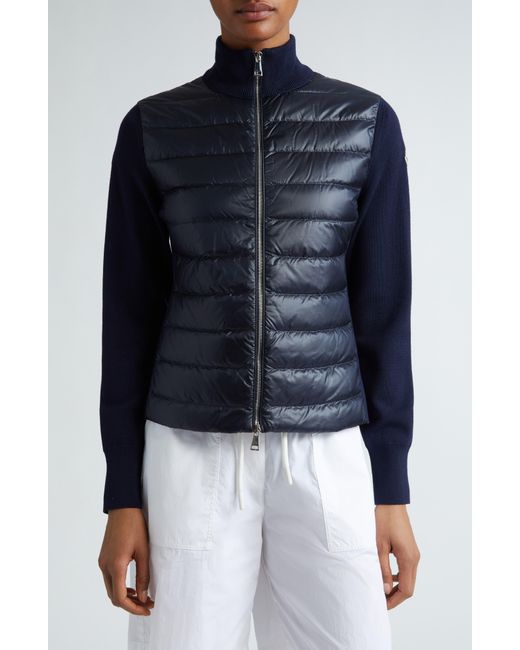 Moncler Blue Quilted Nylon & Wool Knit Cardigan