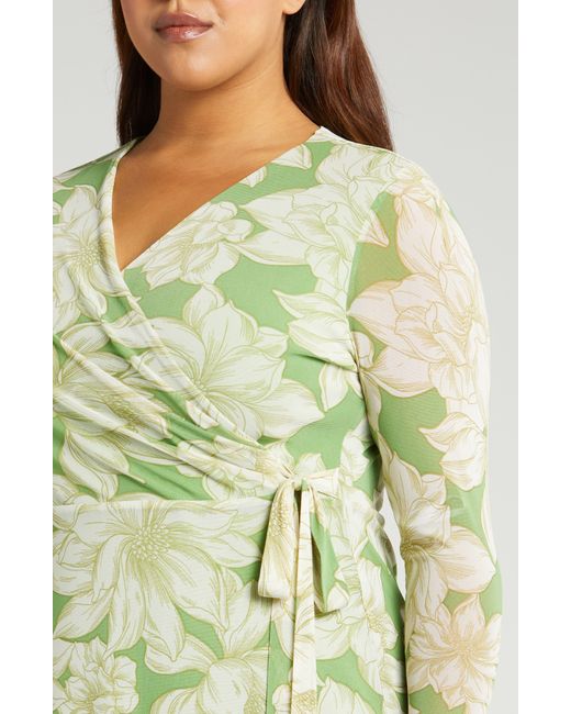 Anne Klein Green Floral Faux Wrap Mesh Midi Dress