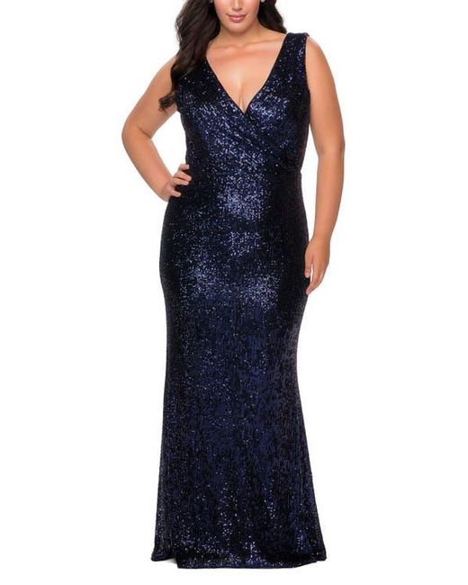 La Femme Blue Long Sequin Plus Size Gown With V-Neck