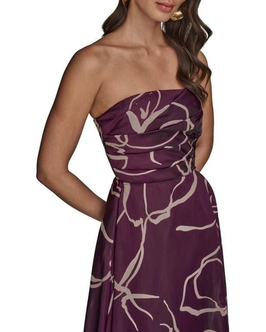 Donna Karan Purple Abstract Print Strapless Gown
