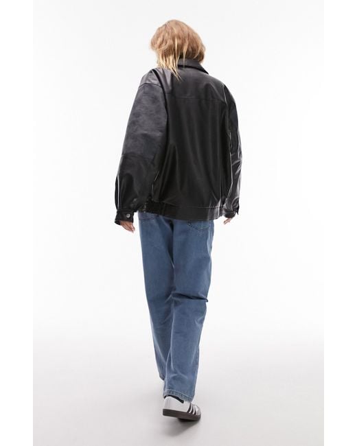 Collared Faux Leather Bomber Jacket in Blue Lyst