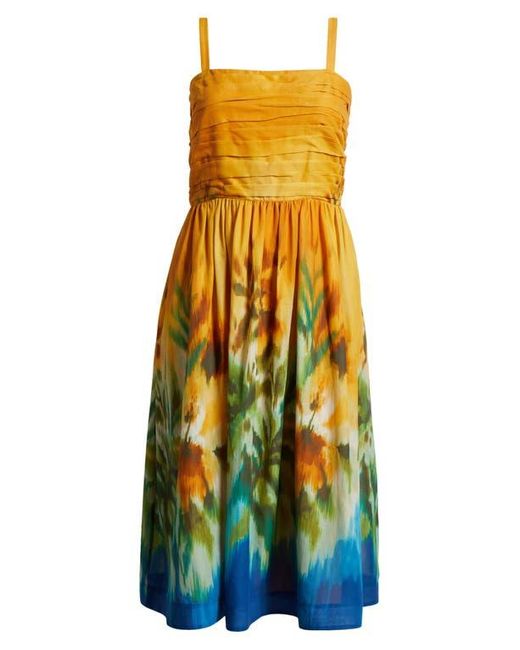 Tahari Yellow Ruched Bodice Cotton Midi Sundress