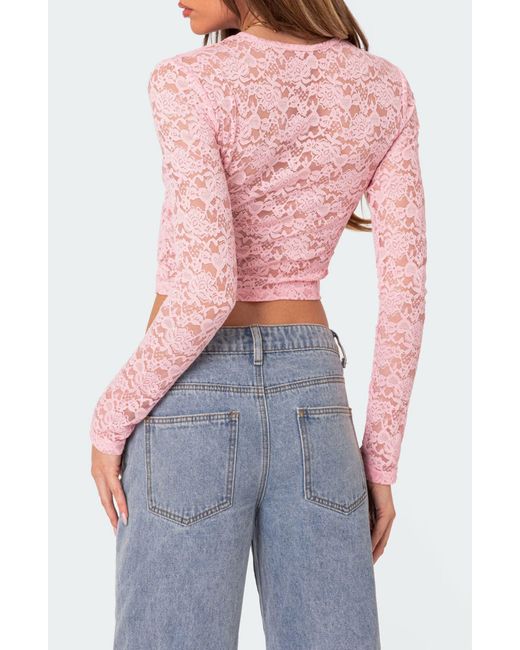 Edikted Estella Sheer Lace Crop Top in Blue Lyst