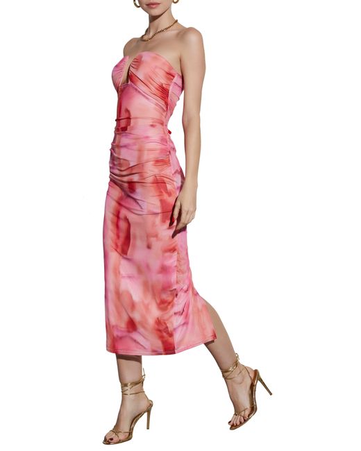 Vici Collection Pink Delora Strapless Ruched Body-con Mesh Midi Dress