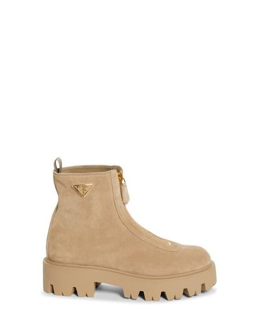 Prada Natural Zip Front Lug Bootie
