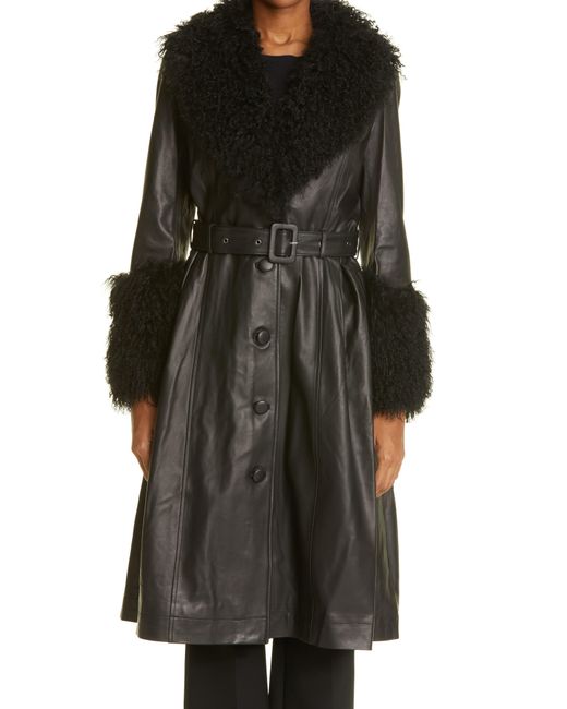 Saks Potts Black Foxy Genuine Shearling Trim Leather Coat