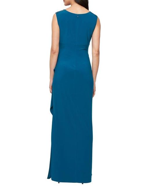 Alex Evenings Blue Embellished Side Ruched Jersey Gown