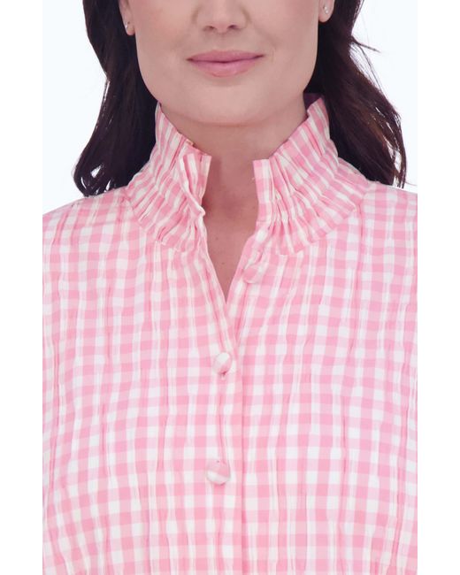 Foxcroft Pink Carolina Gingham Crinkled Cotton Blend Button-up Shirt