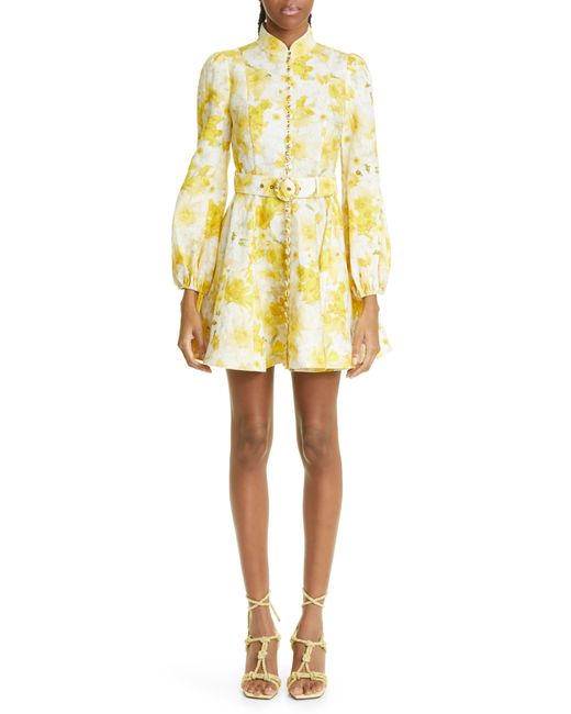 Zimmermann Wonderland Floral Long Sleeve Linen Dress in Yellow Lyst