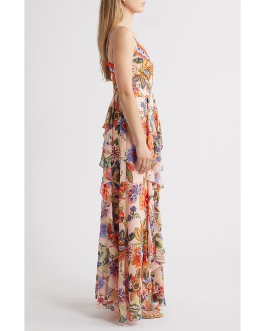 Eliza J Pink Floral Cascade Ruffle Maxi Dress