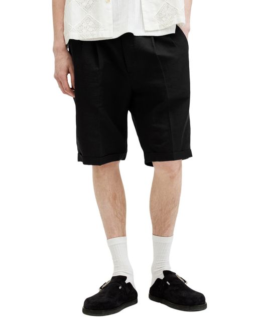 AllSaints Black Ora Tallis Pleated Cotton & Linen Shorts for men
