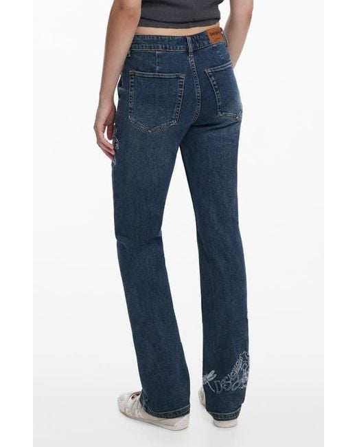 Desigual Blue Embroidered Detail Exposed Button-Fly Jeans